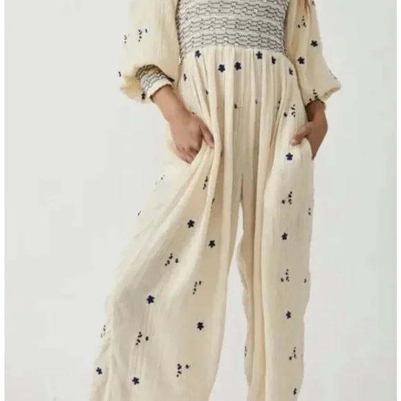 Free People Cream and Blue Jumpsuit with Wide-Leg Design - Picture 1 of 6